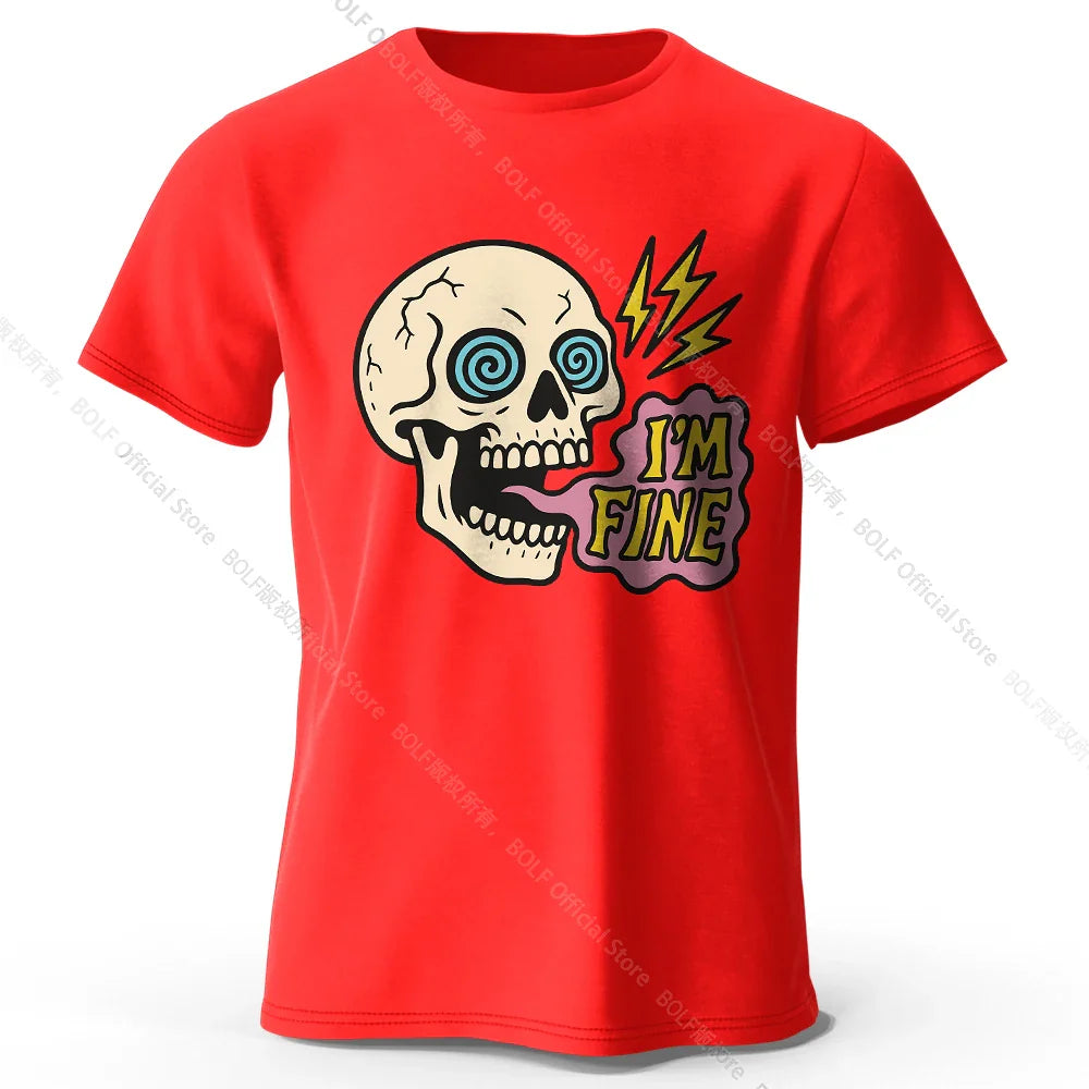 Men's I Am Fine Printed T-Shirt 100% Cotton Oversized Sarcastic Graphic Tees for Women Summer Tops Mood Streetwear