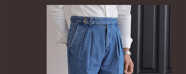 Italian Style Men's High Waist Business Neapolitan Jeans Draped Cuffed Straight Leg Western Pants Youth Trendy Wear Resistant