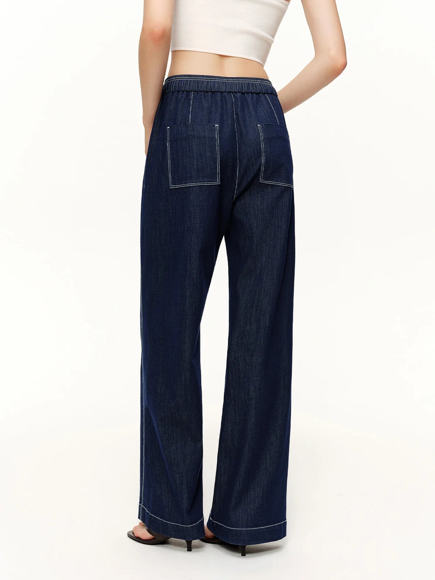 2026 Spring Women's Contrast Topstitching Straight Leg Jeans, Elastic Drawstring Waist Casual Pants for Y2K Street Style