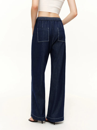 2026 Spring Women's Contrast Topstitching Straight Leg Jeans, Elastic Drawstring Waist Casual Pants for Y2K Street Style