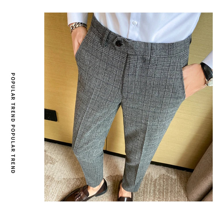 Boutique Classic Plaid and Striped Fashion Men's Casual Business Slim Suit Pants Groom Wedding Dress Trousers Party