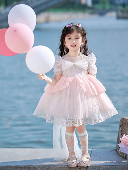 Sweet Baby Girls Princess Lolita Dress Kids 2026 New Summer Fashion Sequined Tulle Embroidery Puff Sleeve Performance Tutu Dress