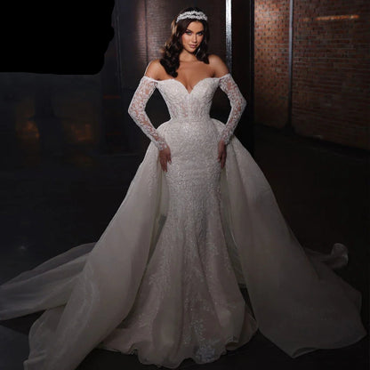 Luxurious Embroidery 2 In 1 Mermaid  Bridal Gown Beading Appliques Lace Off Shoulder Sleeves Sweetheart Wedding Dress