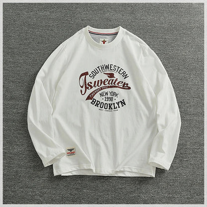 Autumn New American Retro Long-sleeved O-neck Letter Printed T-shirt Men's Fashion Simple 100% Cotton Washed Casual Sport Tops
