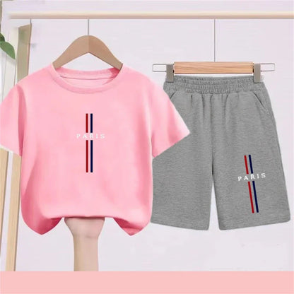 Summer Short Sleeve Children Age 3-12 Girls Boy Set White Black Tshirt+Shorts 2pcs Leisure Kids PARIS Brand Print Set