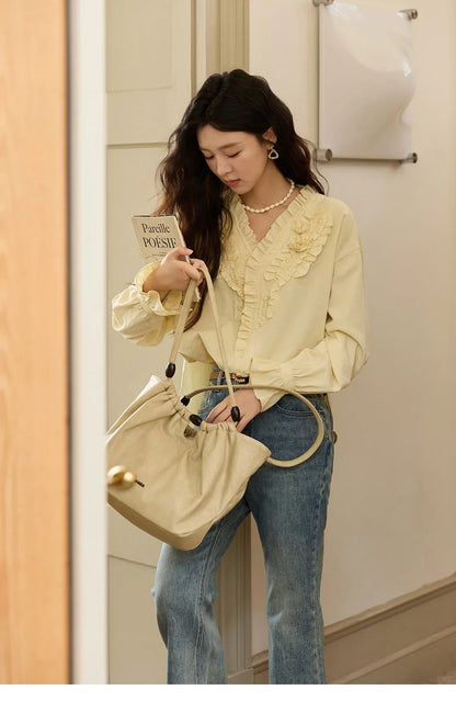 Hand Sewn Rose Blouse for Women Autumn 2025 V-neck  Edible Tree Fungus Edge Tops Sweet Lantern Sleeves Blouses MXE44X2470
