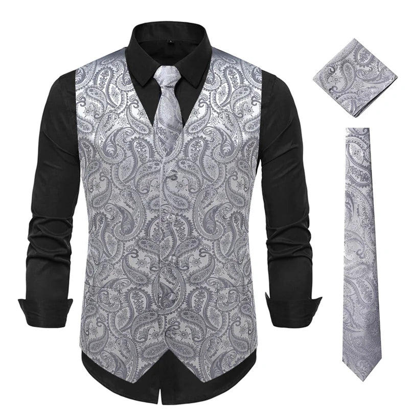New Men Jacquard Splicing Thin Loose Suit Vest Fashion Homme Wedding Dance Party Dress Waistcoat Free with Tie