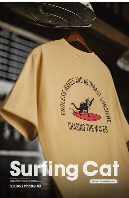 Vintage Foam Print Short Sleeves T-Shirt Men's Summer Heavyweight Yellow Cotton Tee Loose Fit Crew Neck Casual Street Tops