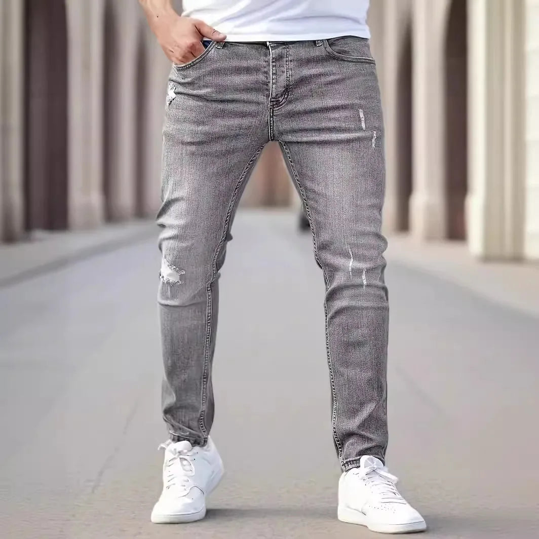 New men's jeans elastic slim fit pants street wear classic ripped cat whiskers casual jeans tight zipper denim clothing black bl