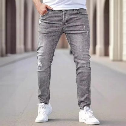 New men's jeans elastic slim fit pants street wear classic ripped cat whiskers casual jeans tight zipper denim clothing black bl