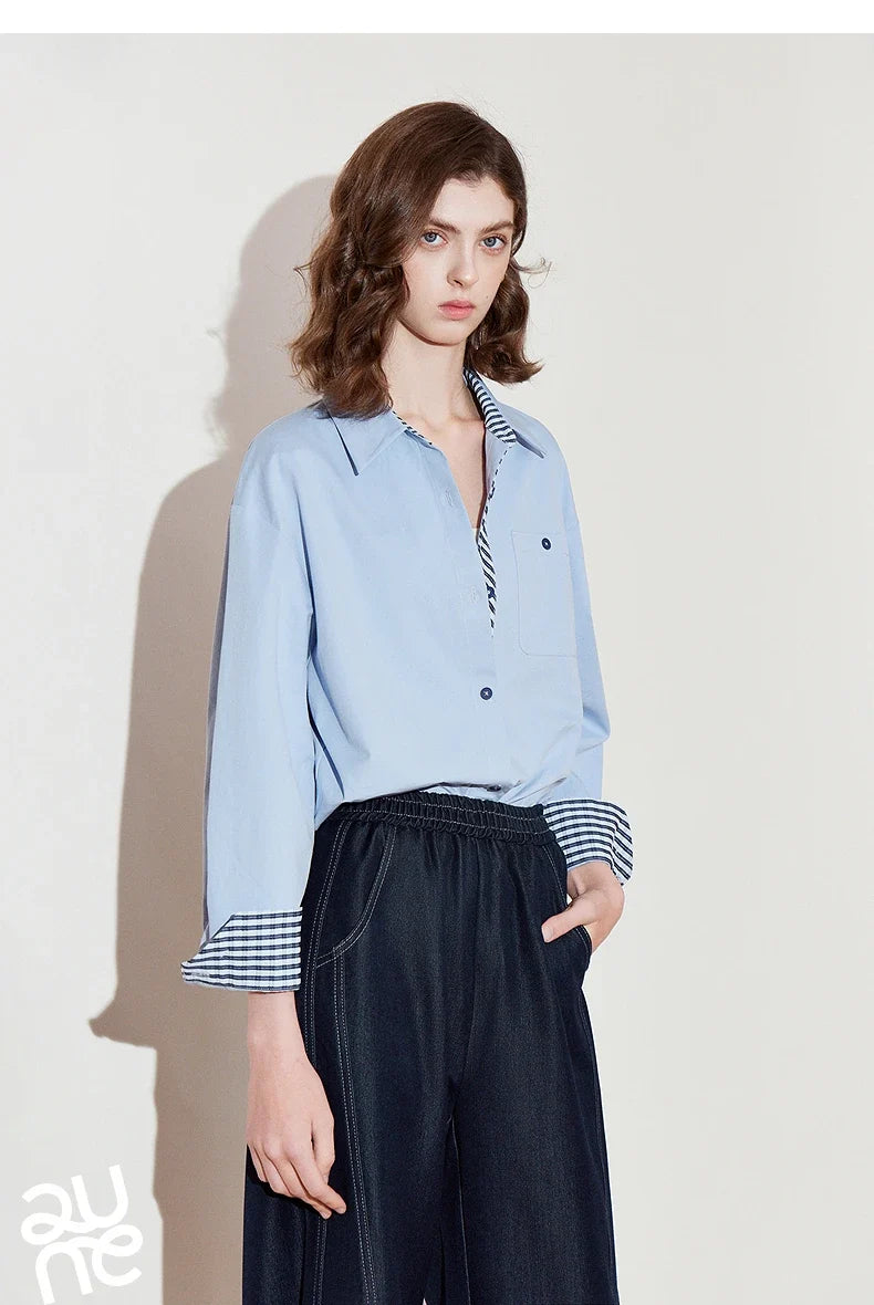 Women Striped shirt, spring 2025 new cavalry diagonal collar spliced pure cotton shirt