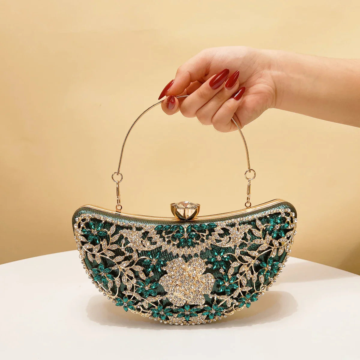 Moon Design Women Clutch Bags Rhinestones Hollow Out Style Crystal Purple Color Evening Bags Ladies Acrylic Golden Metal Glitter