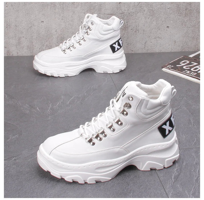 White High Top Board Boots for Men Thick Soled Men Boots with Elevated Height Inside Outdoor Casual Versatile High-top Shoes