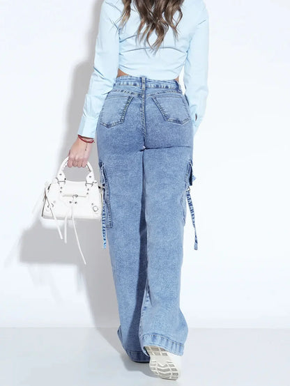 Women's Washed Utility Jeans with Multiple Pockets - Stylish and Practical Denim Pants for Everyday Wear
