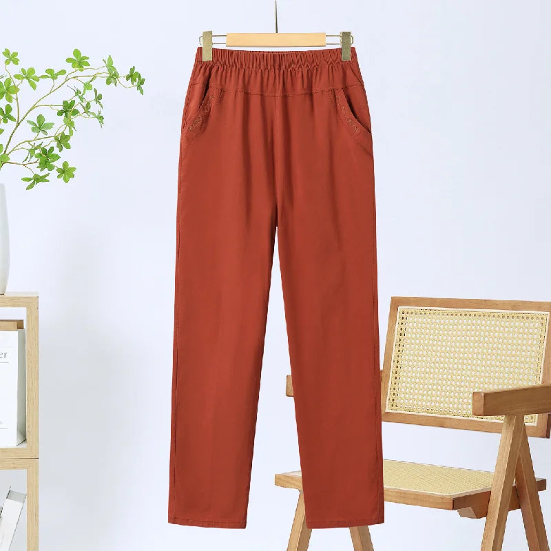 Summer Casual Washed Cotton Women's Plus Size Pants 2025 Elastic Waist Office Casual Outdoor Trousers Breathable Cool Clothing