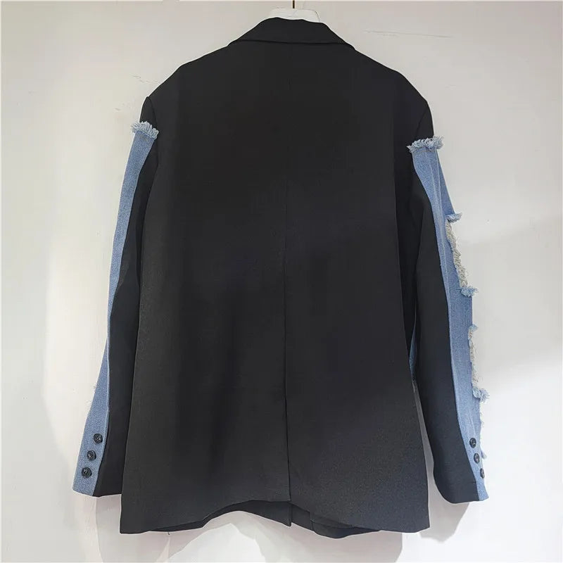 2026 Autumn Elegant Style Faux Two-piece Suit Jacket For Women Raw Edges Ripped Denim Patchwork Loose-fit Blazer 29A9124