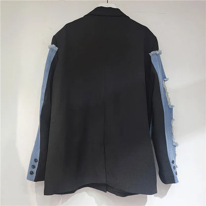 2026 Autumn Elegant Style Faux Two-piece Suit Jacket For Women Raw Edges Ripped Denim Patchwork Loose-fit Blazer 29A9124