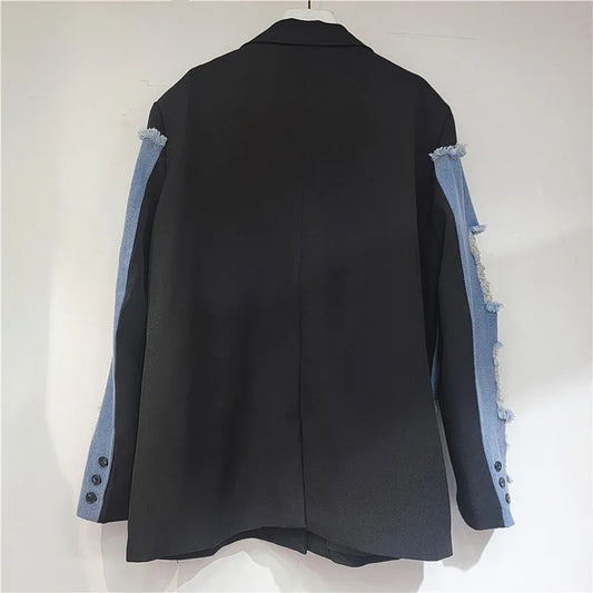 2026 Autumn Elegant Style Faux Two-piece Suit Jacket For Women Raw Edges Ripped Denim Patchwork Loose-fit Blazer 29A9124