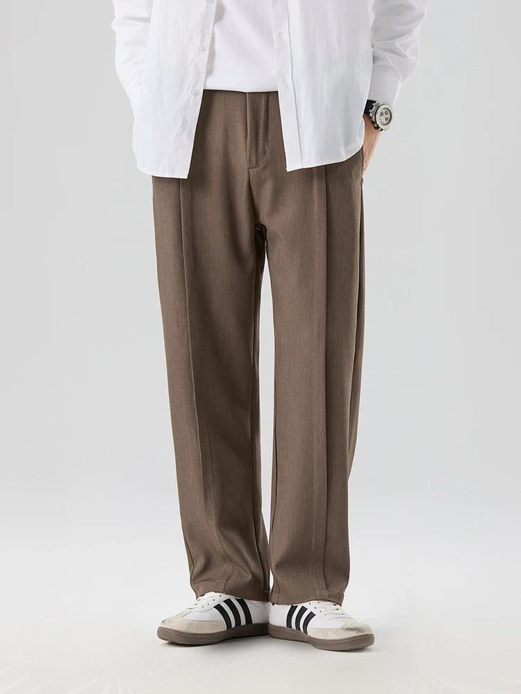 2023 New Autumn Casual Pants Men Korean Fashion Banded Waist Stretch Wide Leg Pleated Suit Slacks Straight Loose Drape Trousers