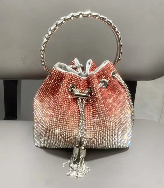 Rhinestones Diamond Evening Clutch Bag Luxury Designer Metal Ring Women's Handbag Wedding Party Bling Bucket Purse Shoulder Bag