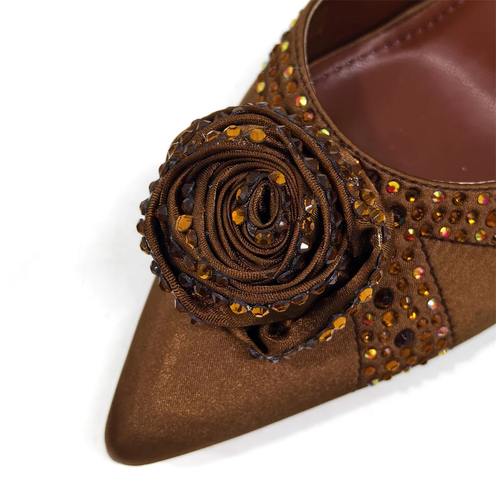 Sparkling Rhinestone Rose Pumps With Medium Heel for Nigerian Women's Party, Pointed Toe Shoes and Matching Bags