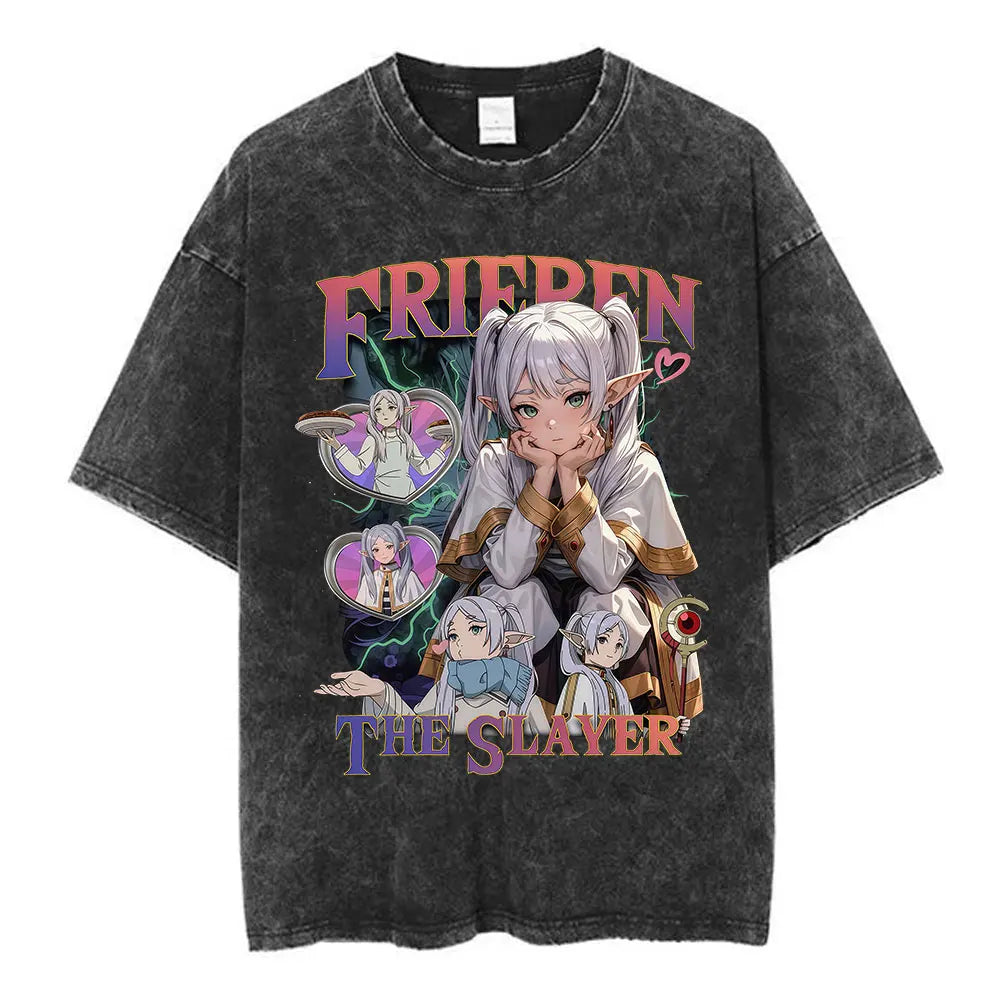 Anime Frieren: Beyond Journey's End Graphic Washed Vintage T-shirt Men's Women Fashion Short Sleeve Cotton Casual Loose T Shirts