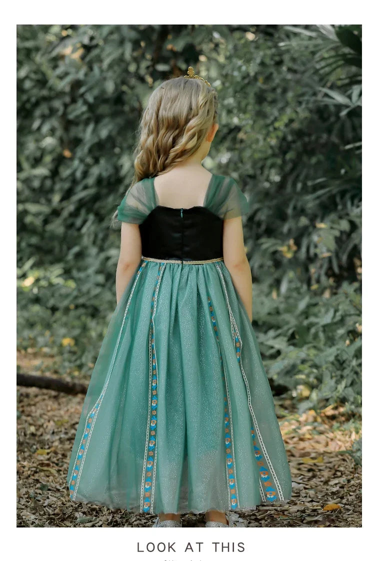 Girls' Summer Anna Frozen Baby Dress Child Green Dress Up Halloween Costume for Kids Princess Party Cosplay Dresses 2 to 8 Years