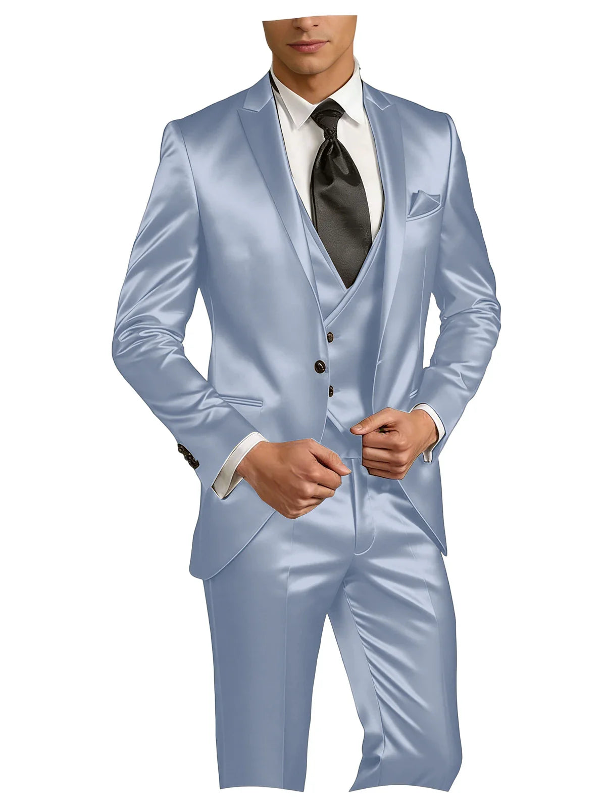 Luxury Men's Satin Suit 3 Piece Set Notch Lapel Slim Fit 1 Button Blazer Vest Pants for Formal Groom Groomsmen Prom Party