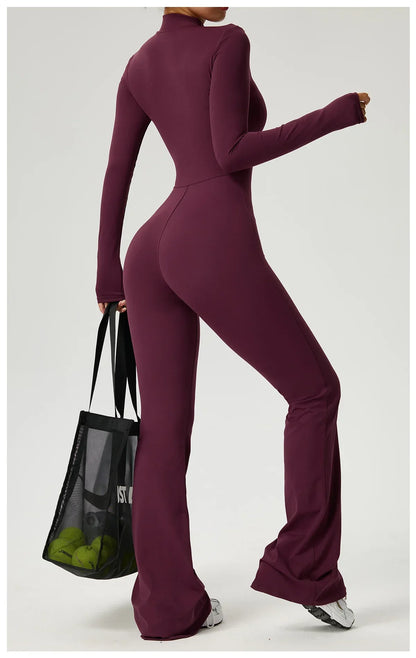 Zipper Jumpsuit Flared Pants Women Clothing Sportswear Gym Yoga Sport Sets Spandex Nylon Workout Sets Women Tracksuit