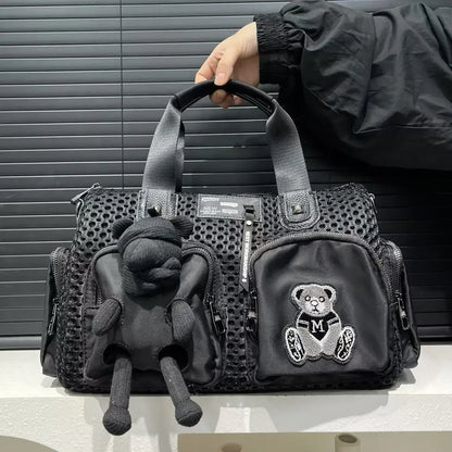 Ladies' fashionable mesh splicing casual handbag with multiple pockets, teddy bear doll, single shoulder diagonal cross bag