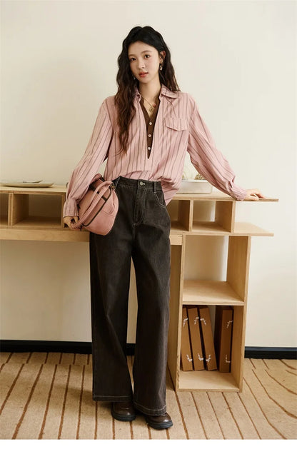 Peach Skin Velvet Stripe Shirt for Women Autumn 2025 Double Layered Collar Contrasting Color Shirt Commute Top MXE47C2408