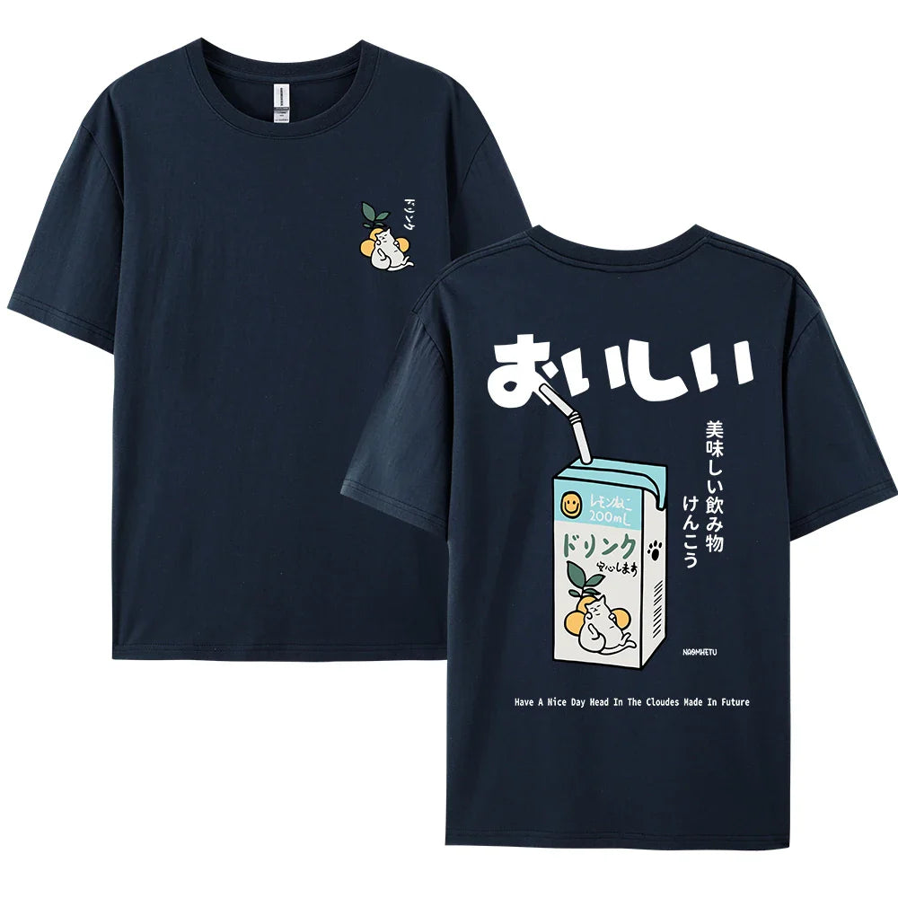 Cute Japanese Cat Print Oversized T-shirt men Women Short Sleeve Loose Casual Tee Shirt Streetwear Tops Cotton Harajuku Clothing