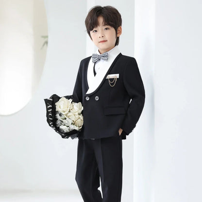 Handsome Smart Shawl Lapel Children's Tuxedo 5 Pieces Wedding Ring Bearer Outfit,Boys Slim Fit Suit Set For Performance