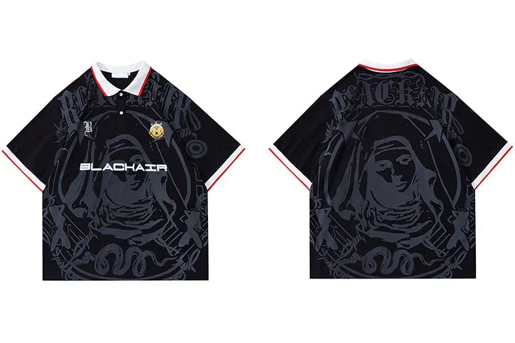 Hip Hop Streetwear Polo T-Shirt Virgin Mary Graphic T Shirt Men Polo Shirt Short Sleeve Harajuku Cotton Tops Tees Red Grey