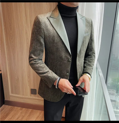 2025 Fashion Leather Neck Spliced Suit Jacket Luxury Men's Business Slim Fit Social Formal Blazers Coats Wedding Groom Tuxedos