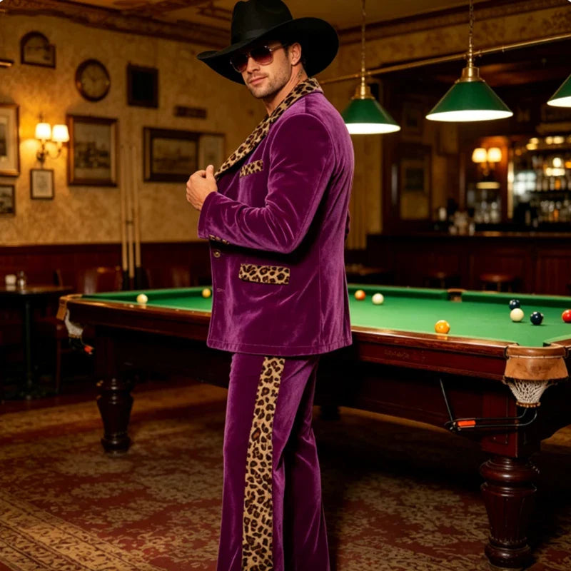 Luxury Men's Velvet Suit Notch Lapel Jacket Leopard Print Patchwork Trim Wide Leg Flare Trousers Tuxedo Cosplay Prom Event
