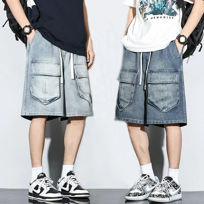 Bermuda Men's Denim Shorts Summer New Fashion Loose Jeans Casual Vintage Drawstring Cargo Short Pants Male Streetwear