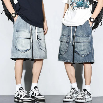 Bermuda Men's Denim Shorts Summer New Fashion Loose Jeans Casual Vintage Drawstring Cargo Short Pants Male Streetwear