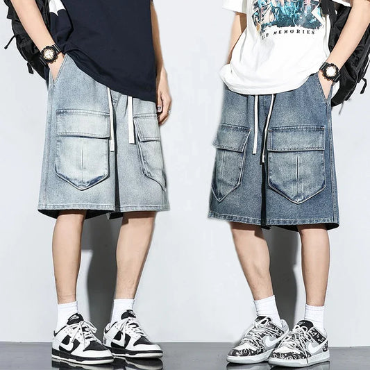 Bermuda Men's Denim Shorts Summer New Fashion Loose Jeans Casual Vintage Drawstring Cargo Short Pants Male Streetwear