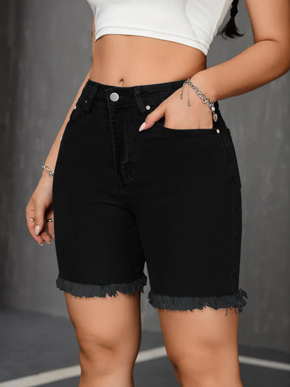 Women's Black Denim Bermuda Shorts High Waist  Rivet Buttons Design 5 Inch Knee Length Casual Summer Streetwear Jean Shorts