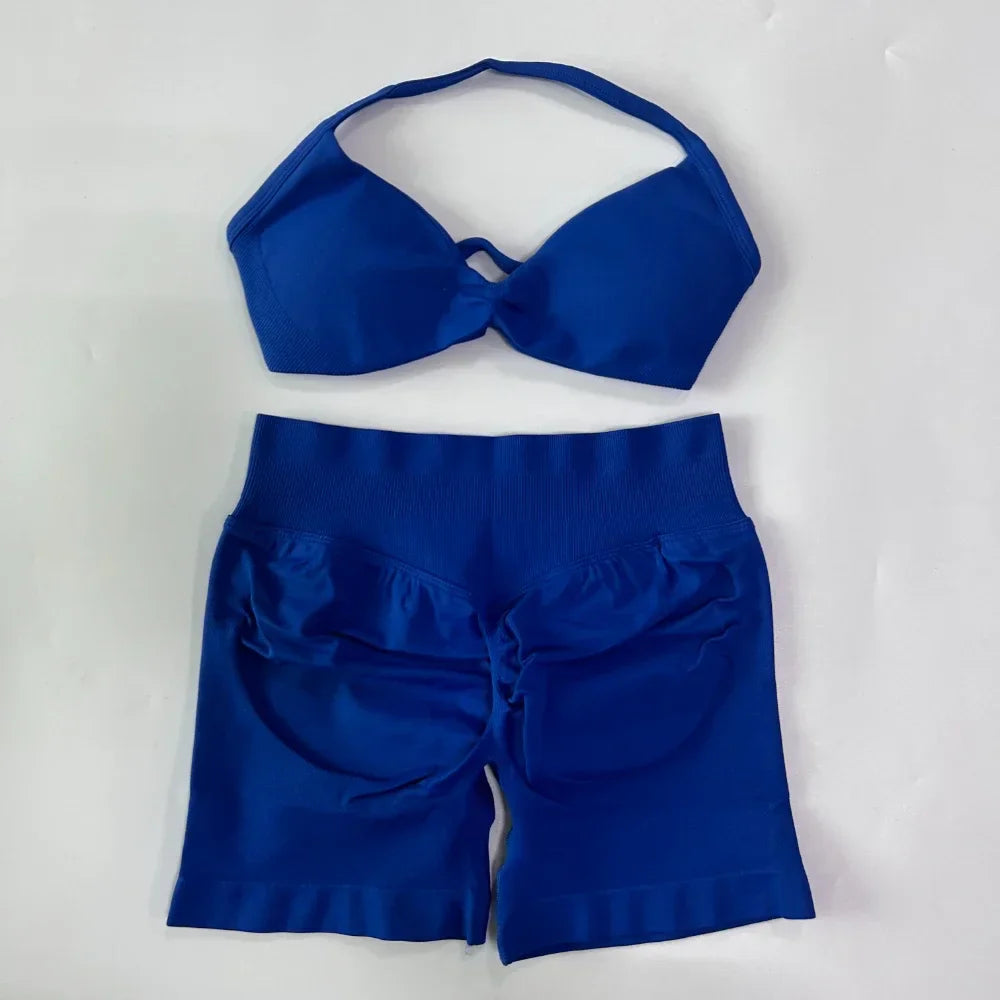 NO LOGO 2PCS Gym Set Women Strappy Yoga Bra Top High Waist Workout Scrunch Shorts Sports Suit Seamless Yoga Set Fitness Clothes