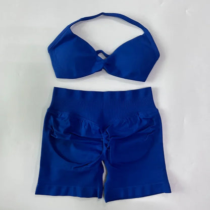 NO LOGO 2PCS Gym Set Women Strappy Yoga Bra Top High Waist Workout Scrunch Shorts Sports Suit Seamless Yoga Set Fitness Clothes