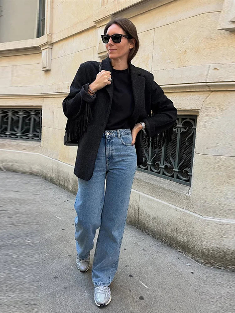 Tassels Woolen Suit Jacket Women Elegant Turn-down Collar Long Sleeve Single Breasted Pocket Autumn Winter Coats New Outerwears