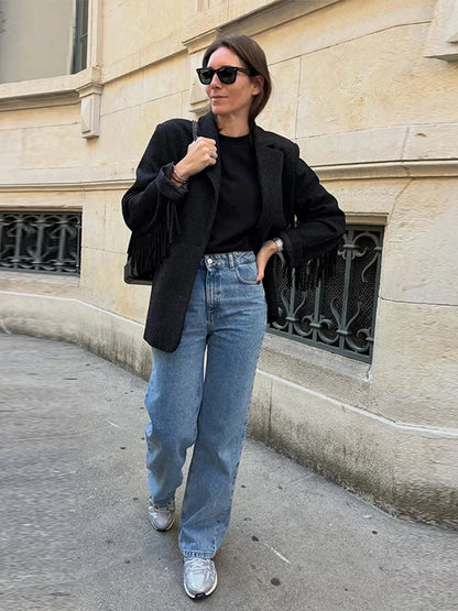 Tassels Woolen Suit Jacket Women Elegant Turn-down Collar Long Sleeve Single Breasted Pocket Autumn Winter Coats New Outerwears