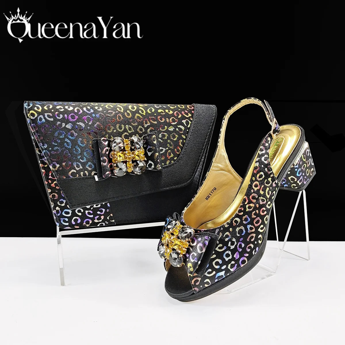 Queena Yan  2025 Shiny Italian Fashion Pointed Toe Women Heel Fashion Rhinestone Decoration Pink Color Shoes And Bag Set