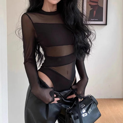 Sexy Perspective Y2k Clothing Hollow Out Bodysuits Mesh Sheer Top Women Long Sleeve Patchwork Bodysuit Black