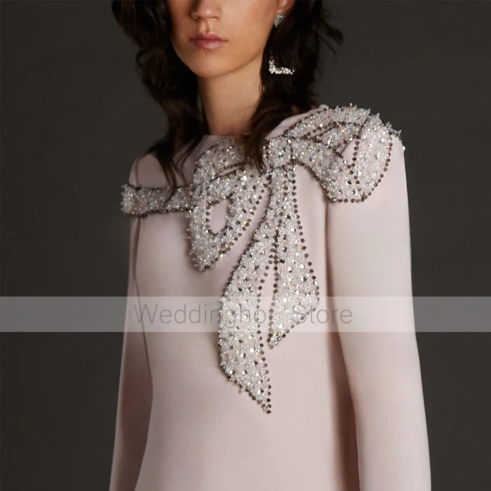 Customized Wedding Guest Dresses for Women Beading Bow Modest Evening Gowns Long Sleeves O Neck A Line Luxury Formal Party Dress