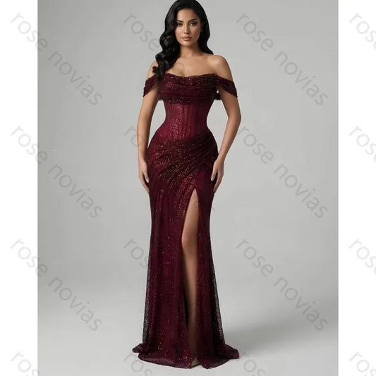 Customized Evening Dresses A-line off the Shoulder Slit for the Floor-Length High Quality for Bespoke Occasion Party Dress