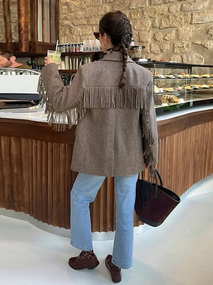 Tassels Woolen Suit Jacket Women Elegant Turn-down Collar Long Sleeve Single Breasted Pocket Autumn Winter Coats New Outerwears
