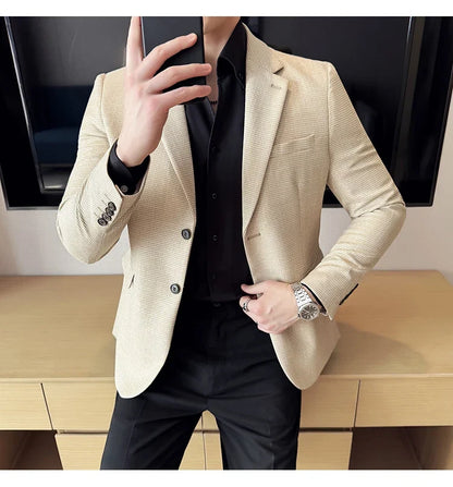 Bright Silk Thousand Bird Grid Suit Jacket Korean-style Business Fashion Slim Fit Single Breasted Men Social Party Dress Coats